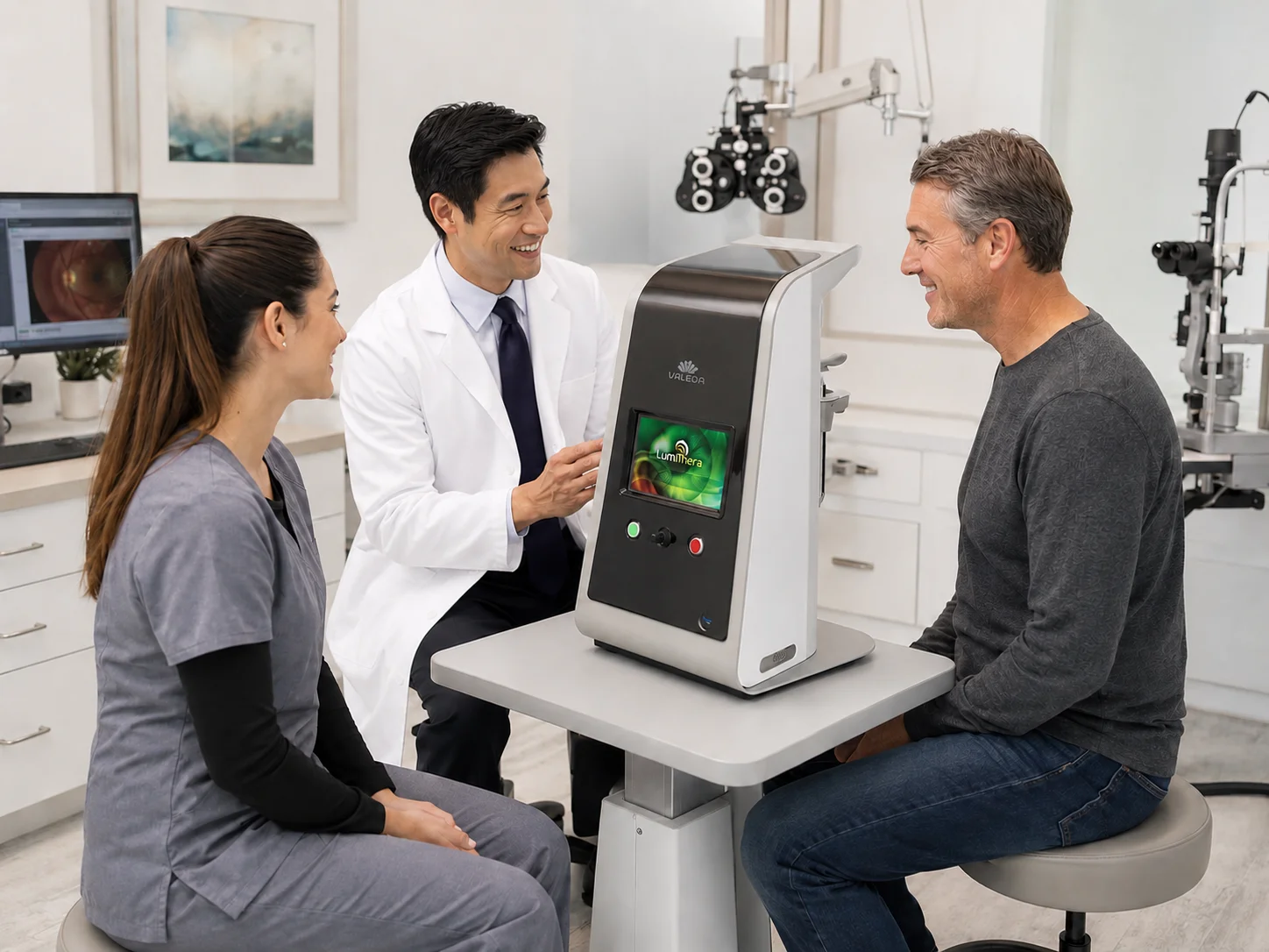 Doctor explaining Valeda Light Therapy treatment to patient in modern eye clinic for dry age-related macular degeneration care and retinal health support